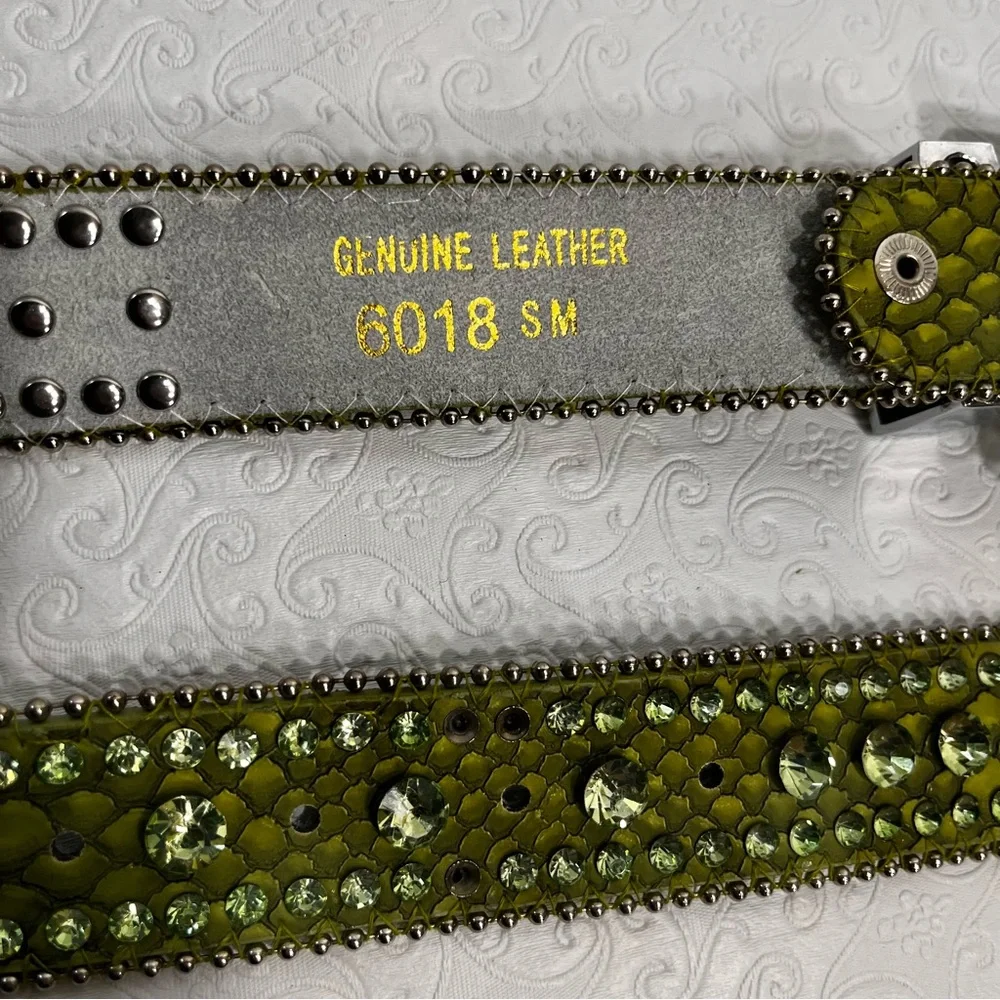 Genuine Leather Rhinestone Belt Western Cowgirl Green Sparkly Bling Belt Small M